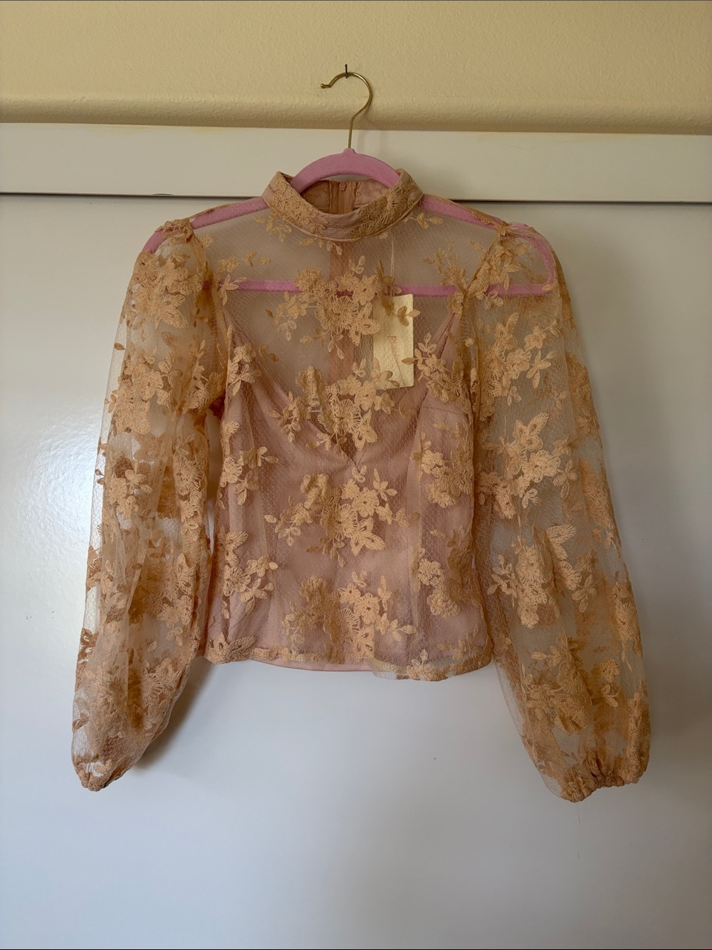 Sheer Floral Lace Puff-Sleeve Women's Top - Cream